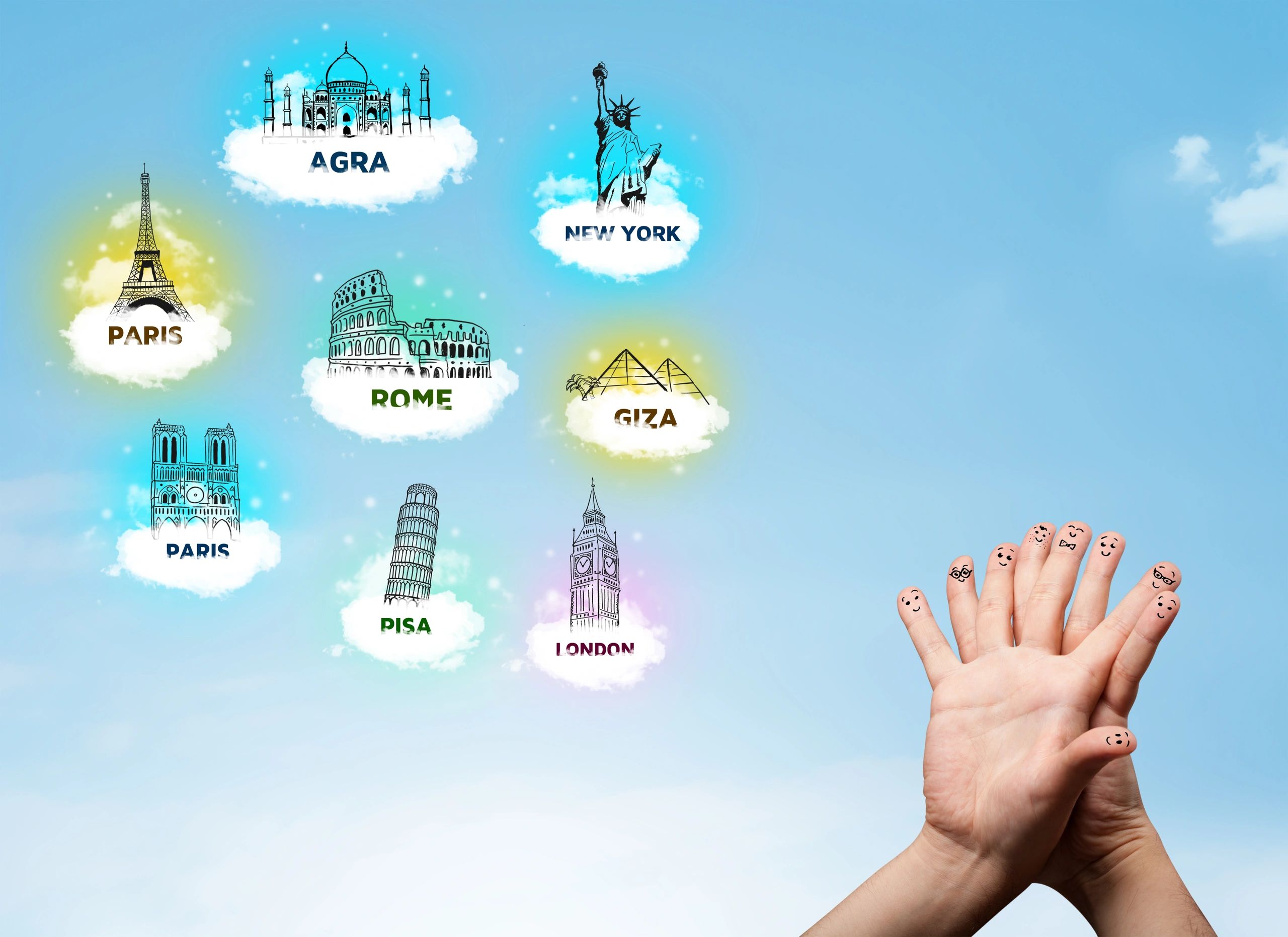 Destinations: Agra, New York, Paris, Rome, Giza, Pisa, London
